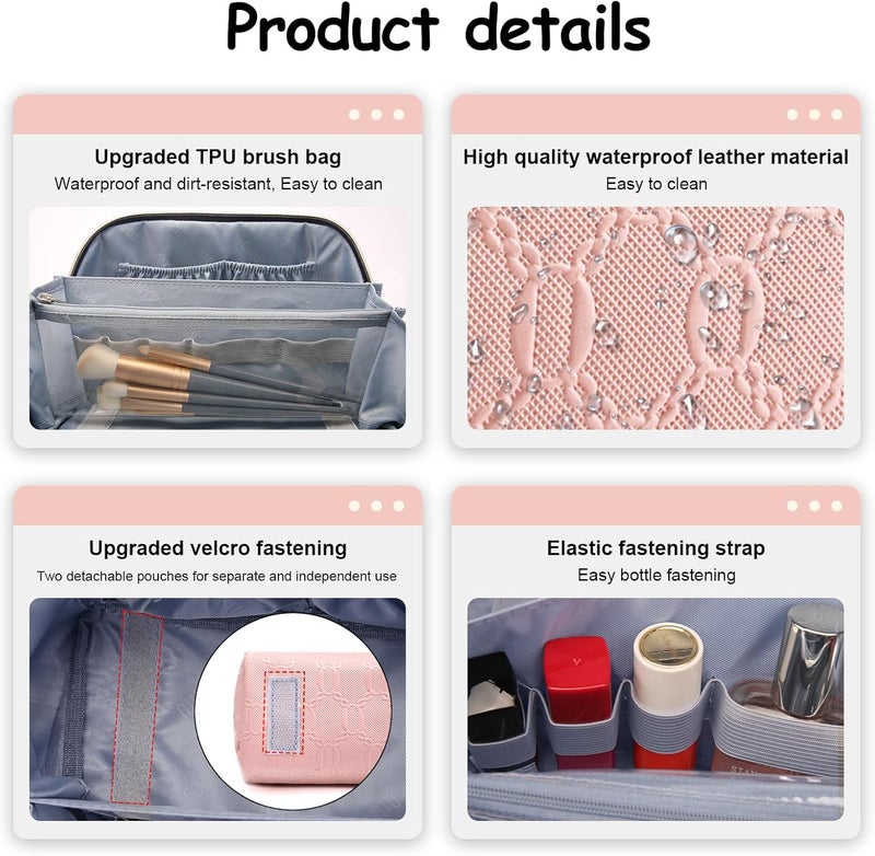 BOYATU Travel Makeup Bag for Women: Cosmetic Organizer Bag with Compartments - Leather Make up Bags Set of 3 (G-3-Pink) - Image 4